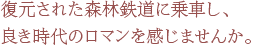 復元された森林鉄道に乗車し、 良き時代のロマンを感じませんか。